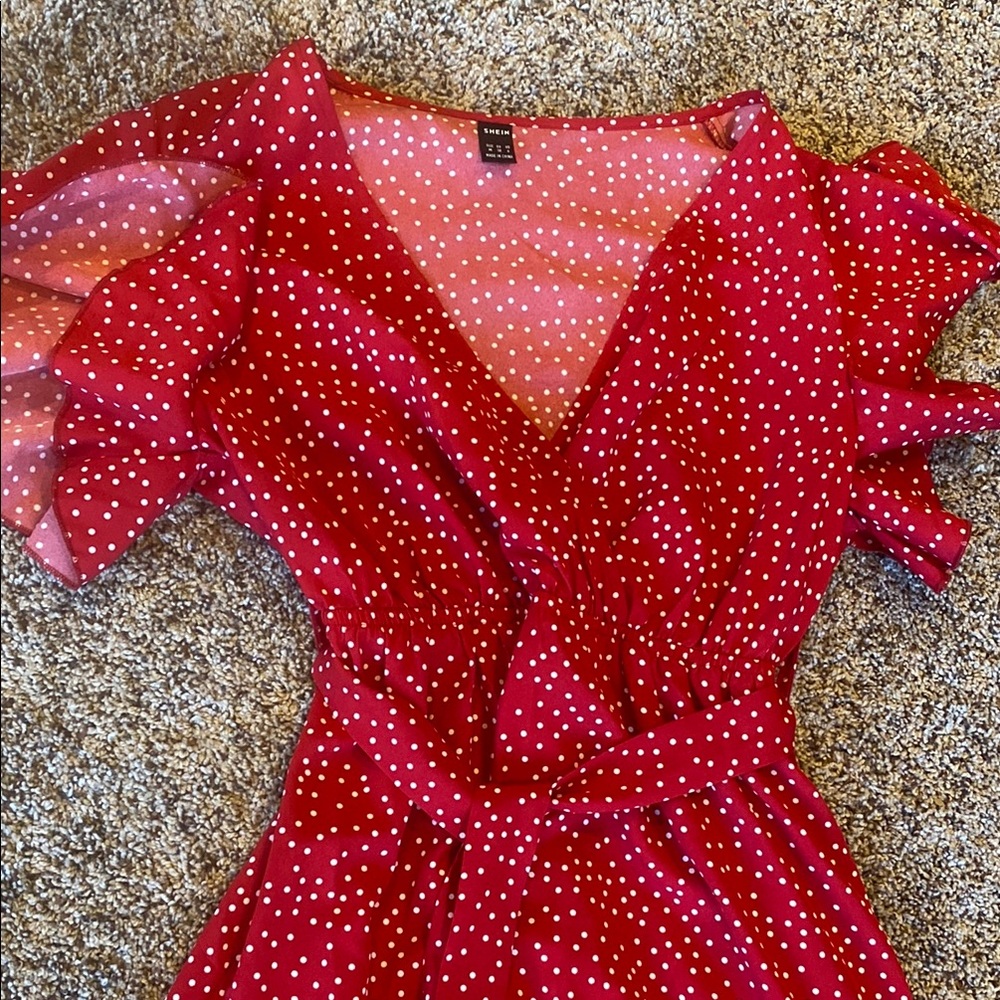 SHEIN Red Ruffled Tiered Midi Dress V-Neck - Picture 2 of 2